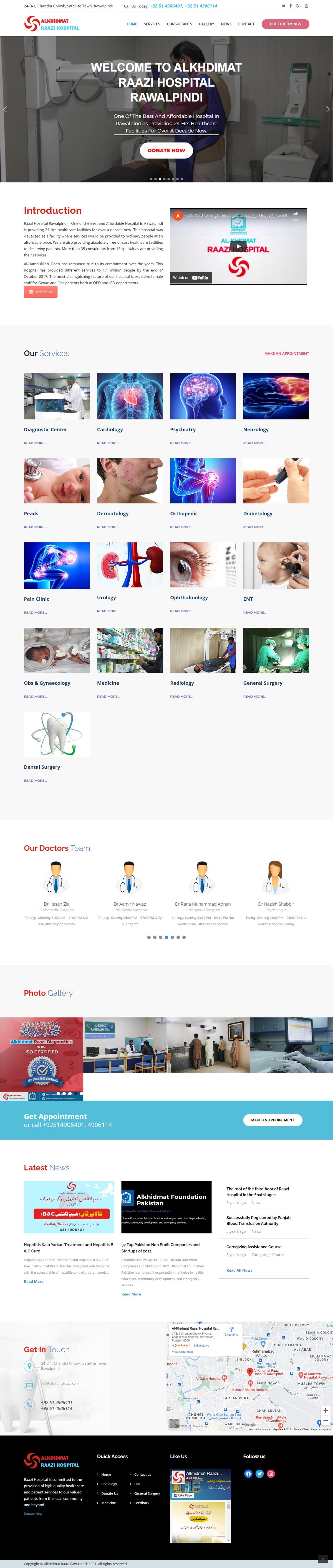 Full page screenshot of the Alkhidmat Raazi Hospital website built by SiteDigiCraft