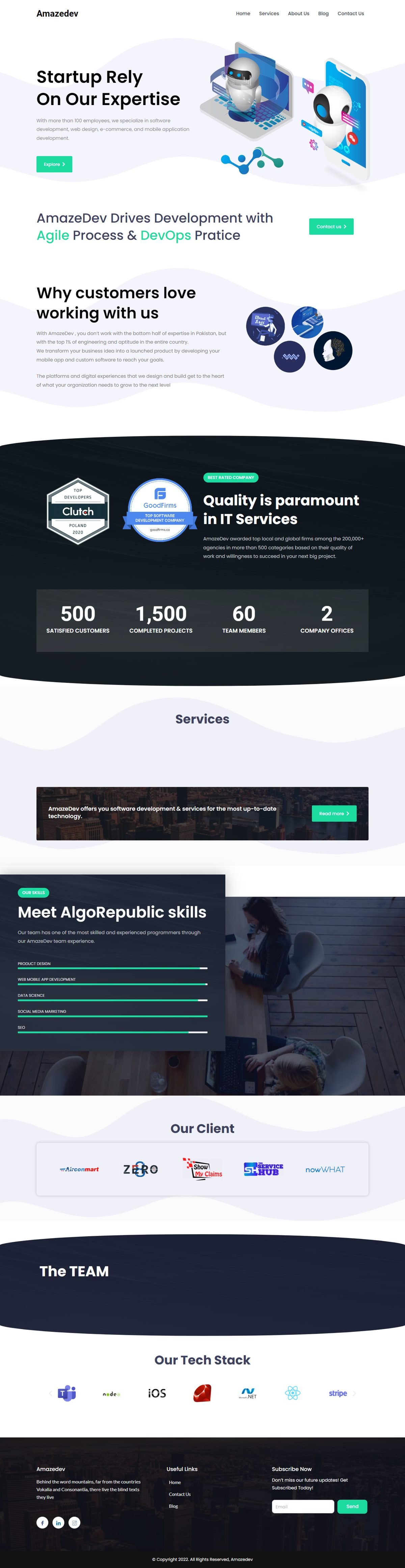 Full page screenshot of the Amazedev website built by SiteDigiCraft