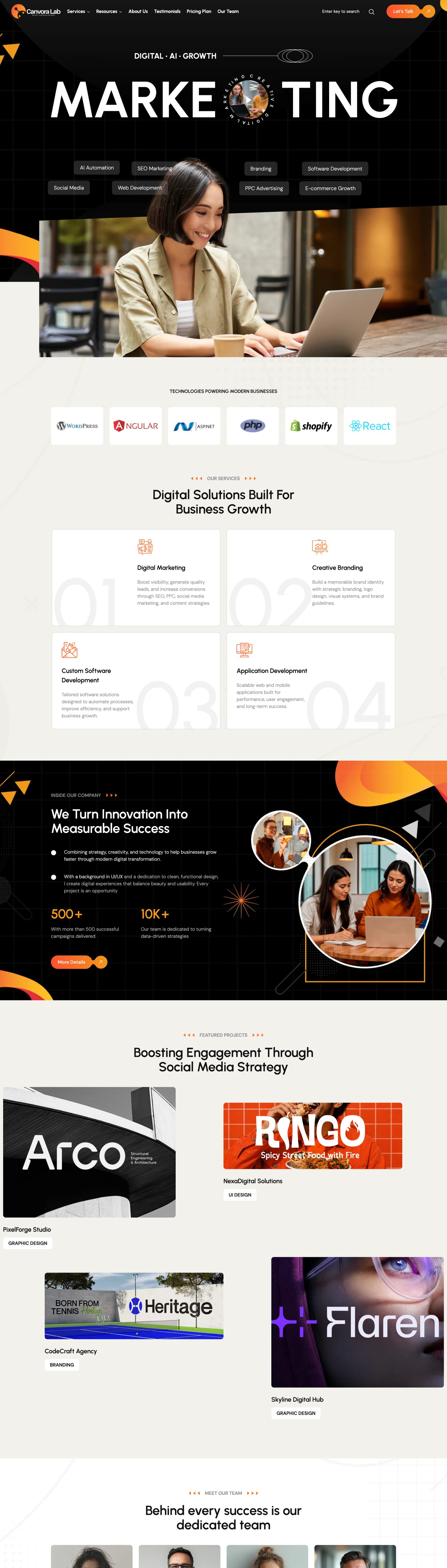 Full page screenshot of the Canvora Lab website built by SiteDigiCraft