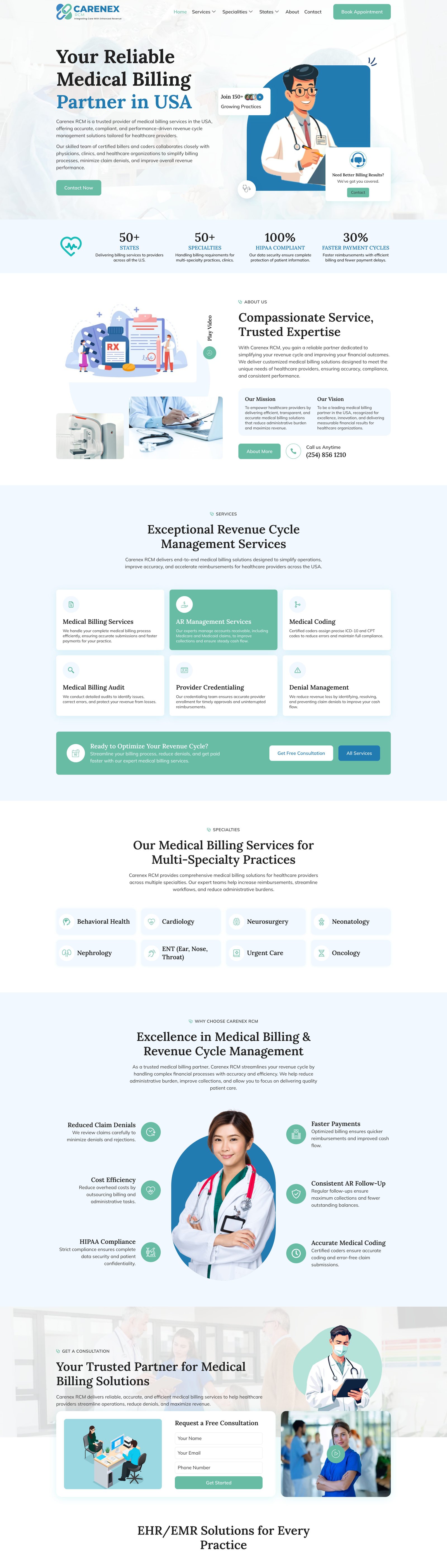 Full page screenshot of the Carenex RCM website built by SiteDigiCraft