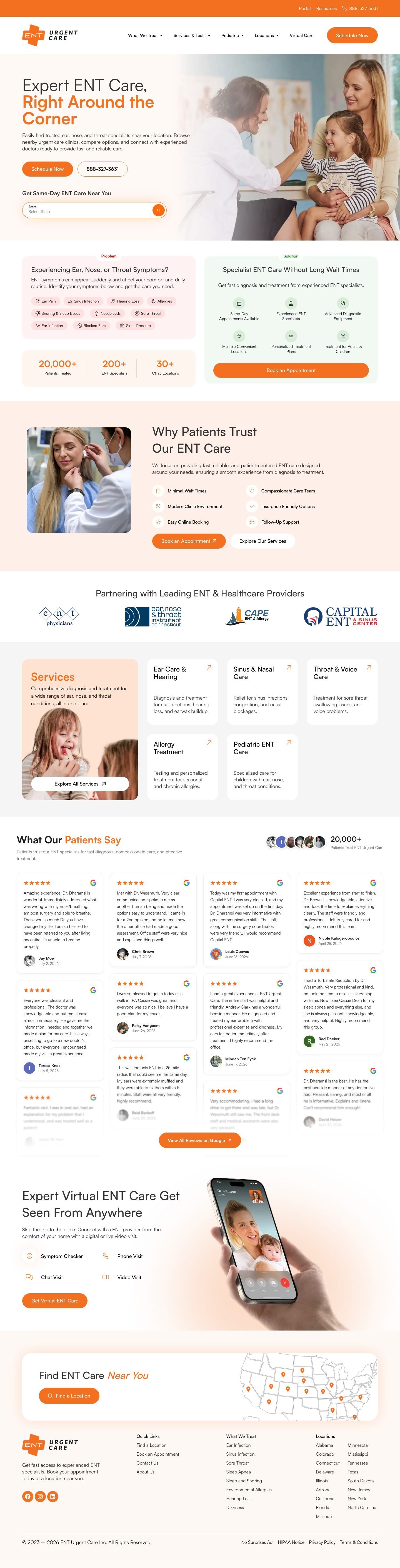 Full page screenshot of the ENT Urgent Care website built by SiteDigiCraft
