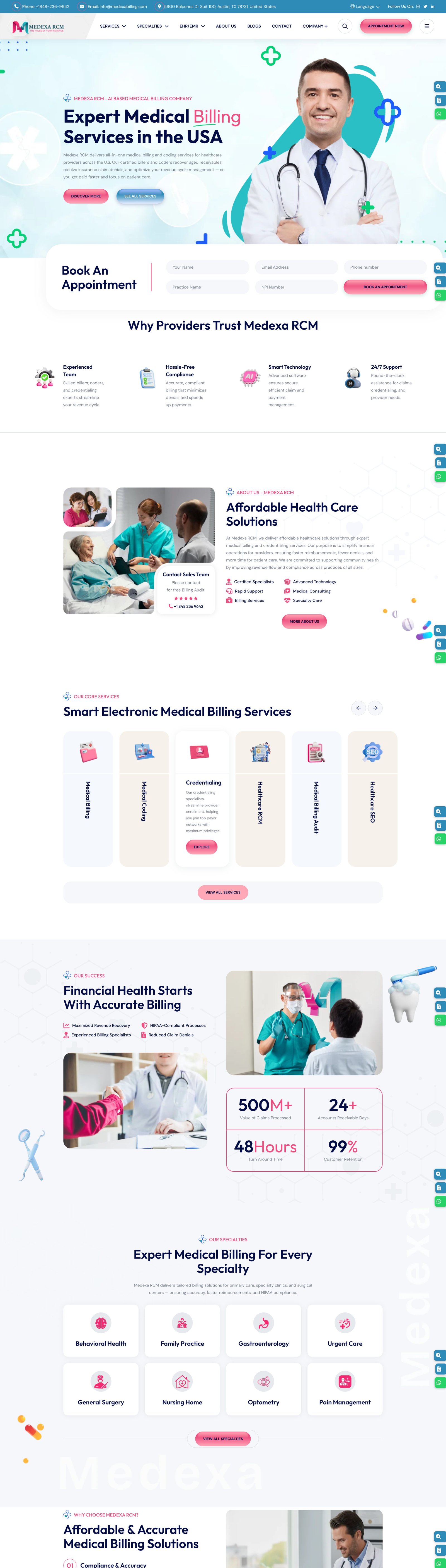 Full page screenshot of the Medexa RCM website built by SiteDigiCraft