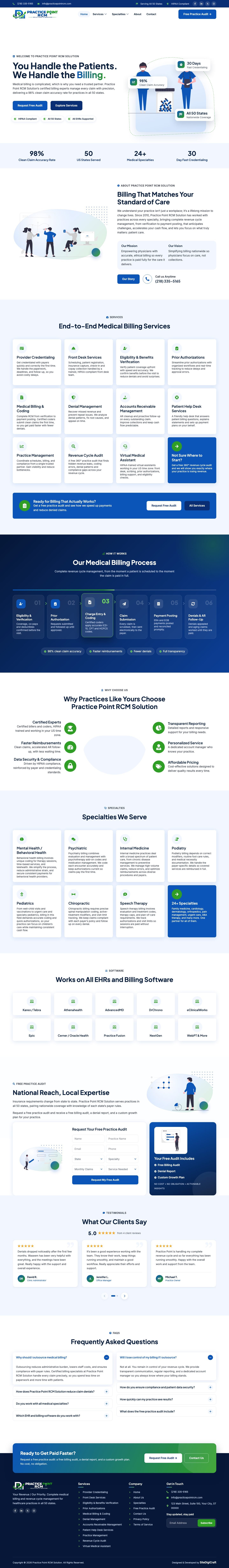 Full page screenshot of the Practice Point RCM website built by SiteDigiCraft