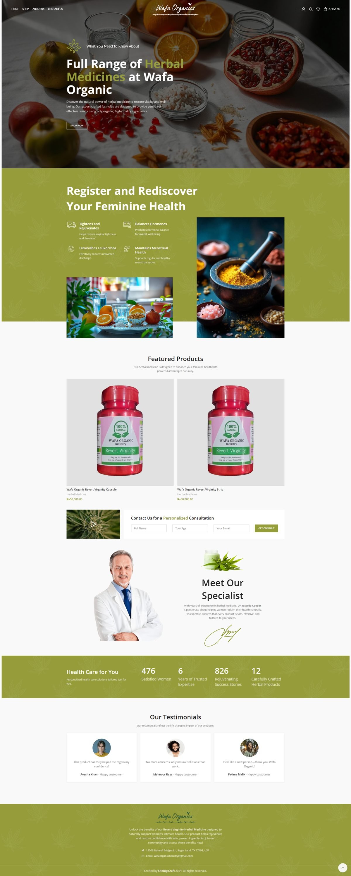 Full page screenshot of the Wafa Organic website built by SiteDigiCraft