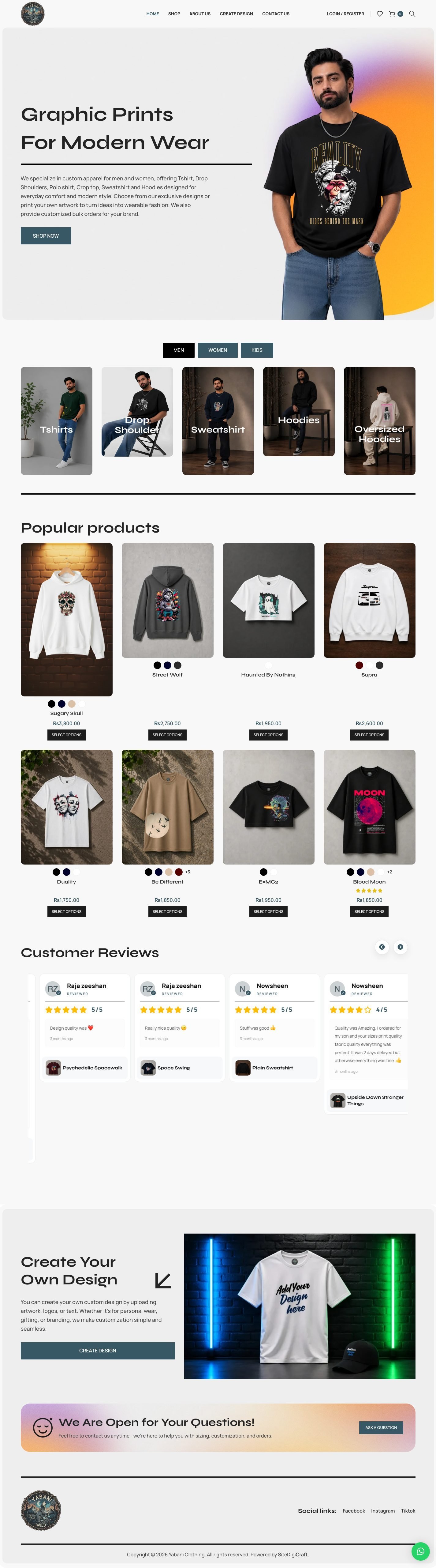 Full page screenshot of the Yabani Clothing website built by SiteDigiCraft