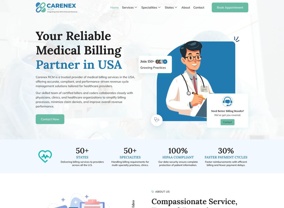 Screenshot of the Carenex RCM website designed and built by SiteDigiCraft