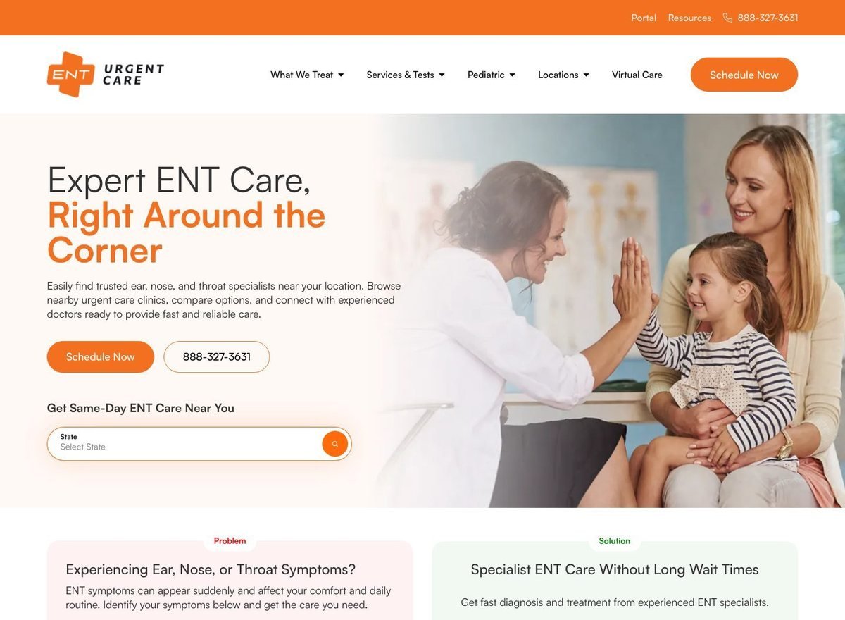 Screenshot of the ENT Urgent Care website designed and built by SiteDigiCraft