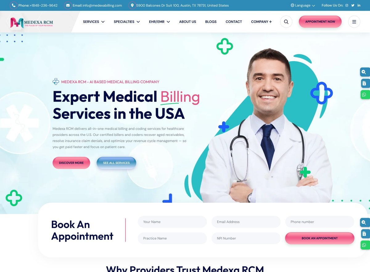 Screenshot of the Medexa RCM website designed and built by SiteDigiCraft