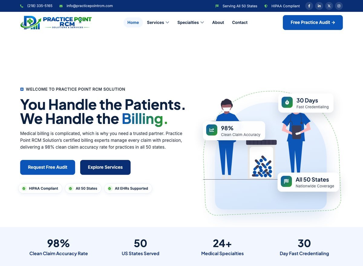 Screenshot of the Practice Point RCM website designed and built by SiteDigiCraft